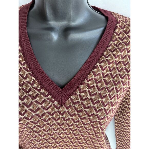 Zara Knit Jacquard V Neck Sweater Geometric Chevron Burgundy Gold S 70s Retro - Picture 2 of 10